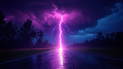 Purple lightning striking road at night.