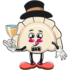 Cute gyoza dumpling vektor illustration mascot character wearing a hat and bow tie raising a wine glass, Xiao Long Bao, Asian, Chinese food, work of hand drawn