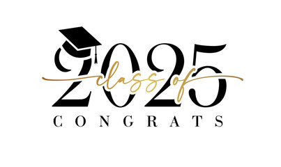 Class of 2025 calligraphy banner. Congratulation graduation, black 2025 number with academic cap for college event invitation or party high school. Congrats lettering, vector logo design