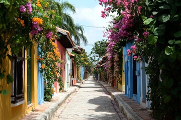 Obraz premium Colorful street lined with vibrant flowers and traditional houses.