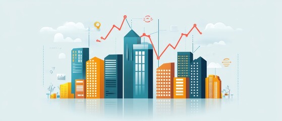 Corporate tax, buildings with descending line graphs, flat design illustration