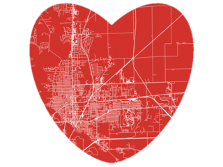 Heart-Shaped Map of Dnavill Illinois, USA in Bold Red and White Design.