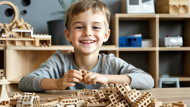 Young boy smiles while assembling wooden building blocks, showcasing creativity and focus in a bright play area