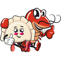 Naklejka premium Cute gyoza dumpling vektor illustration mascot character with a shrimp character while giving thumbs up, Xiao Long Bao, Asian, Chinese food, work of hand drawn