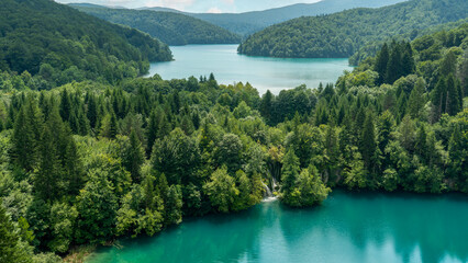 Transparent Turquoise Colored Waters of the Lake Are Having Ripples. Many Small Waterfalls Flowing Into the Lake. Plitvice Lakes, National Park, Croatian Scenery, Waterfall Views, Natural Beauty