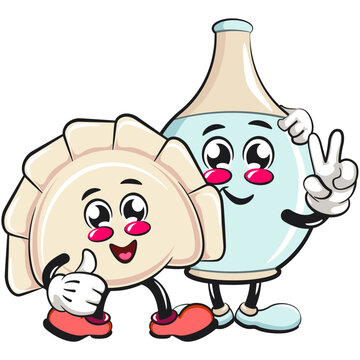 recommend clip art: Cute gyoza dumpling vektor illustration mascot character with ceramic bottle mascot character, Xiao Long Bao, Asian, Chinese food, work of hand drawn