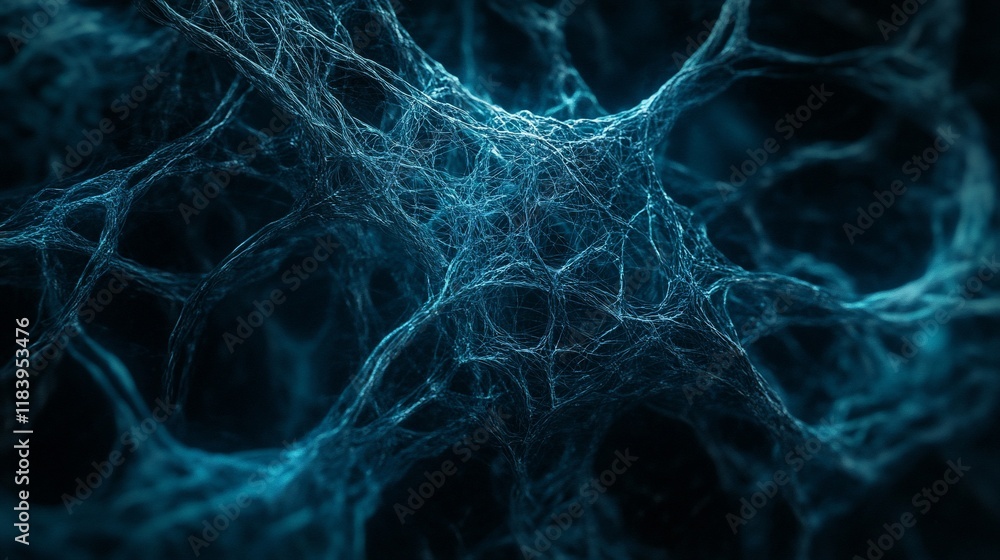 Poster abstract blue network, complex structure, web-like pattern.