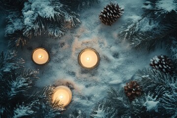 Three Candles Glow Amidst Snowy Pine Branches and Cones