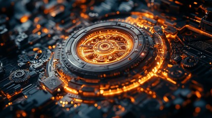 Fototapeta premium Glowing Circuitry Mechanism Rotating in Futuristic Tech Background