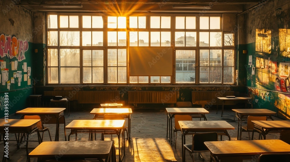 Poster sunlit empty classroom with desks and graffiti.