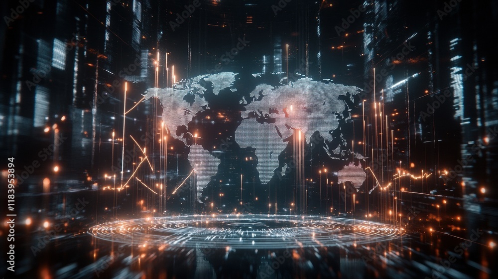 Poster digital world map with candlestick chart and arrows hologram. business and trade concept. 3d renderi