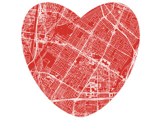 Heart-Shaped Map of Downey California, USA in Bold Red and White Design.