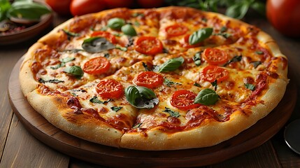 Closeup view of a pizza served on a pizza board