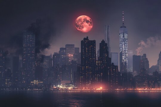  A city skyline under a lunar eclipse, with skyscrapers illuminated by artificial lights and the eclipsed Moon glowing ominously in the smoky night sky