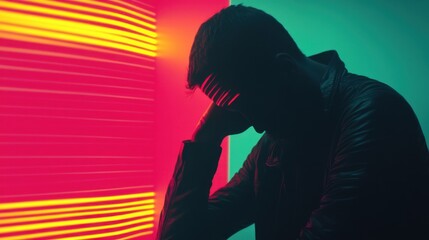 Neon cyberpunk silhouette reflecting urban isolation