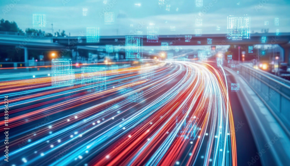 Poster fast moving traffic with digital data flowing on highway at dusk