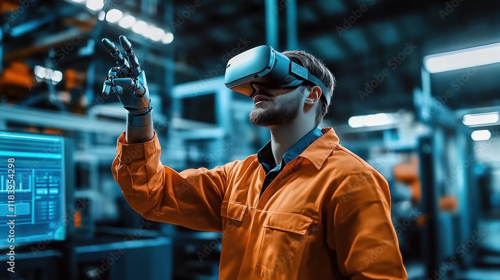 Poster industrial engineer uses virtual reality headset to control robotic arm in high-tech factory environ