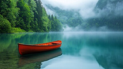 Serene mountain lake, red rowboat, misty morning, calm water, nature