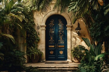 Ornate blue double doors in a lush tropical garden setting.