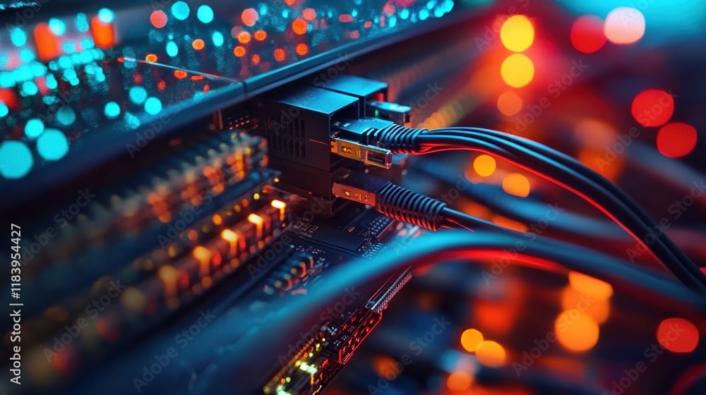 Poster ethernet cables connect to internet switch in a vibrant data center with colorful lighting at night