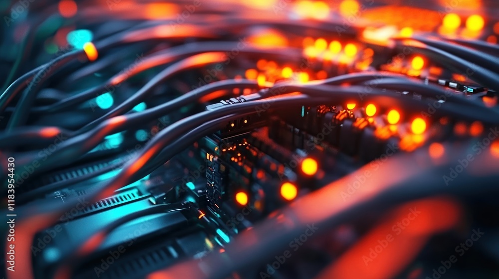 Poster colorful ethernet cables connect to a network switch in a modern data center showcasing advanced tec