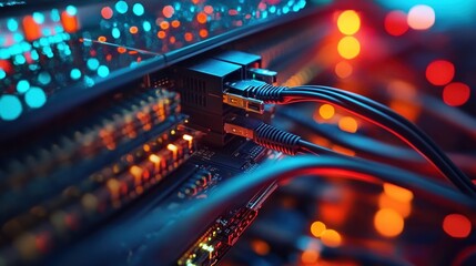 Ethernet cables connect to internet switch in a vibrant data center with colorful lighting at night