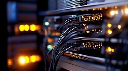 Data center showcasing telecommunication ethernet cables connected to an internet switch with illuminated network indicators