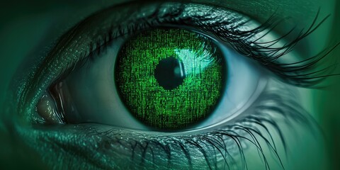Obraz premium A close-up of a green eye featuring a matrix-like pattern, evoking themes of technology and perception.