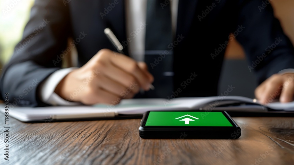 Poster A business professional writes notes beside a smartphone displaying an upward arrow on a green background, symbolizing growth and progress.