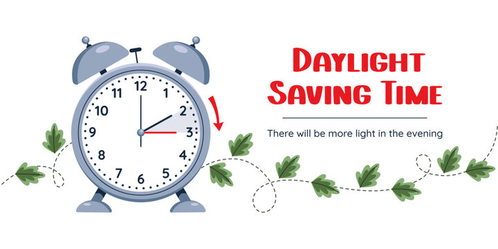 Daylight saving time, Spring Forward, Summer Time. Clock set to an hour ahead. Web banner of alarm clock with green foliage with call to switch to dst.