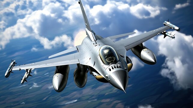 Military F16 fighter jet soaring through clouds during a training mission at high altitude