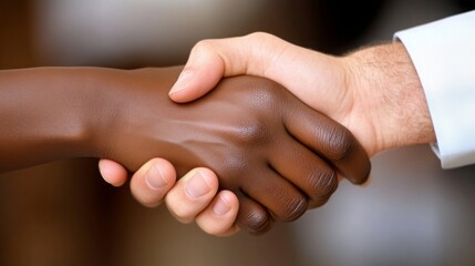 Two hands shaking, symbolizing unity, respect, and collaboration between diverse individuals.