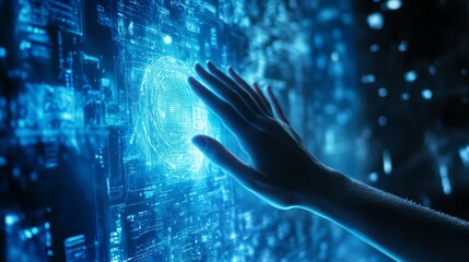 Obraz premium A hand reaches out to a glowing blue digital interface, showcasing fingerprint recognition technology amidst a backdrop of data patterns.