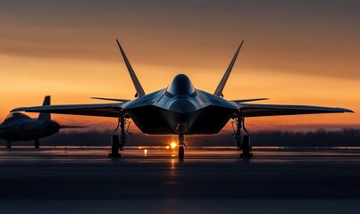 Fototapeta premium Powerful fighter jet stands on airport tarmac during sunset with impressive silhouette and strong presence