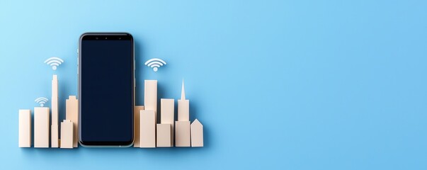 Obraz premium A minimalist smartphone surrounded by wooden cityscape models and wireless symbols on a blue background.
