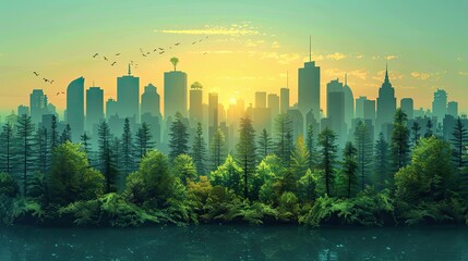 Fototapeta premium A lush forest merging with a city skyline to depict eco-friendly urbanization