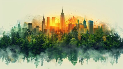 Fototapeta premium A lush forest merging with a city skyline to depict eco-friendly urbanization