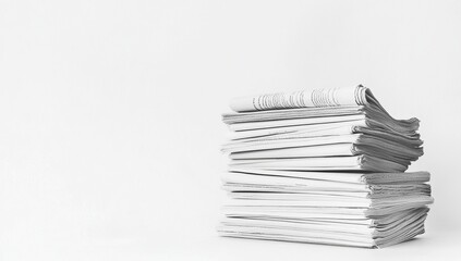 Stack of Newspapers:  Newspapers Piled High, Representing Daily News and Information,  Neatly Arranged on White Background.