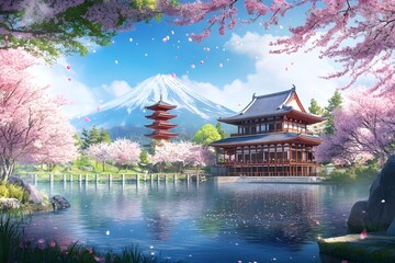 Fototapeta premium Illustration of a beautiful view of a lake, cherry blossom trees, Mount Fuji and a pagoda temple in Japan