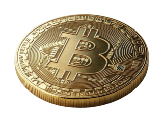 Bitcoin gold coin design high fidelity digital currency concept bright close-up view cryptocurrency symbolism isolated on transparent background png