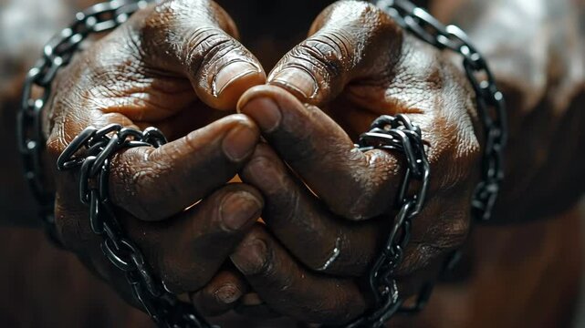 Hands shackled with chains express feelings of confinement and struggle in a powerful moment of resilience