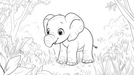  An extremely simple and cute black-and-white line drawing of an elephant, perfect for coloring.