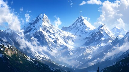 Obraz premium A breathtaking view of majestic snow-capped mountains under a bright blue sky, showcasing the stunning contrast between the white peaks and the vibrant landscape below 