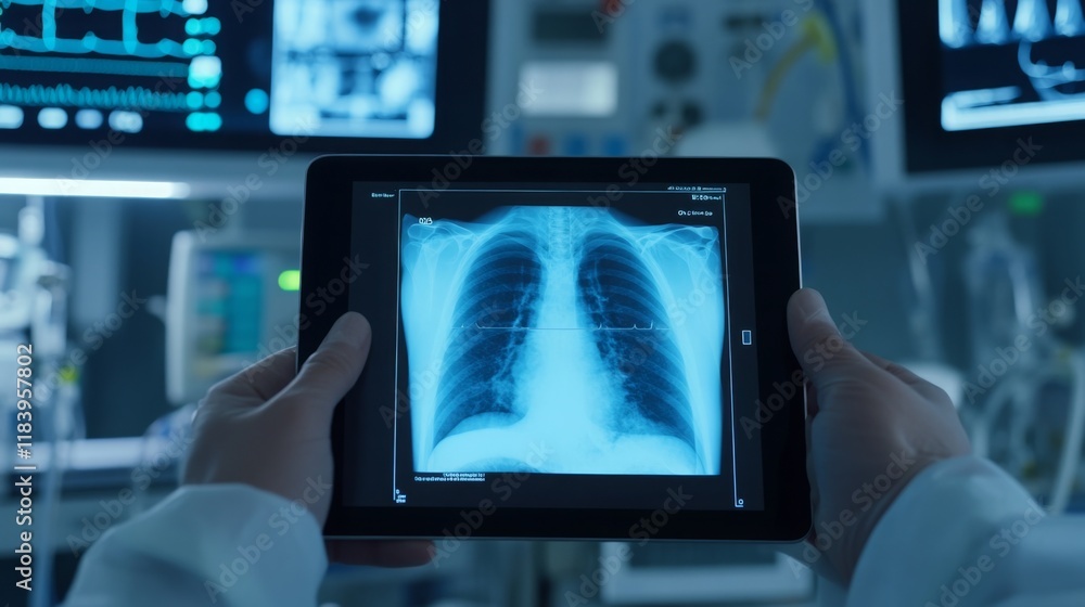 Poster a healthcare worker examines x-ray images of lungs displayed on a tablet. the setting includes advan