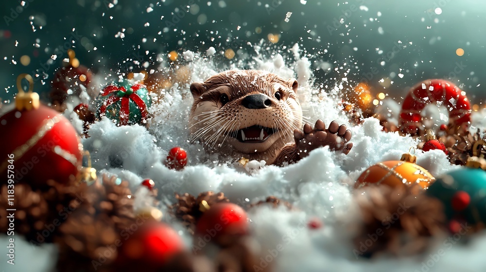 Poster a playful otter slides through a snowy winter wonderland surrounded by a sparkling array of festive 