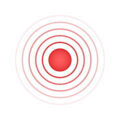 Sore, ache or inflammation symbol. Pulse, vibration or expansion sign. Shockwave, radar signal, sonar or sound wave pictogram. Pain localization icon. Red concentric circles. Vector illustration.