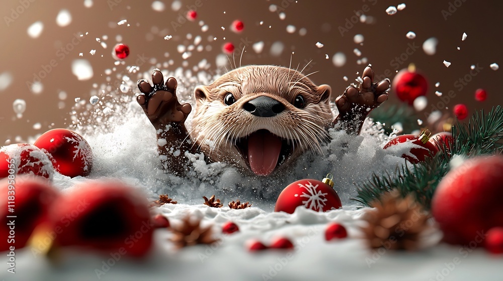 Poster a playful otter sliding joyfully through a fresh blanket of snow surrounded by a sparkling array of 