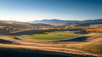 A futuristic solar farm stretching across a landscape, symbolizing advanced technology in renewable energy and commitment to net zero emissions, with a clear sky emphasizing sustainable progress 