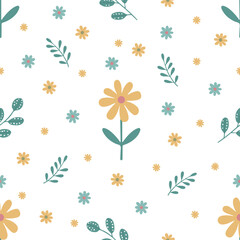 Seamless spring pattern with yellow chamomile,  daisies  and green twigs on a white background