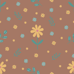 Seamless spring pattern with yellow chamomile,  daisies  and green twigs on a mocha mousse color background